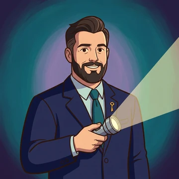 Justin Kelly drawn as a CPF mystery-cartoon detective