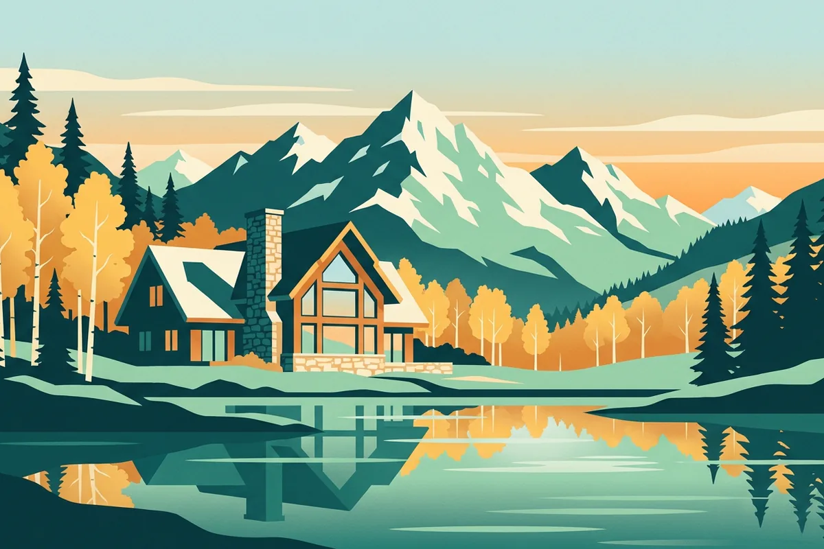 Illustration of a mountain-craftsman Colorado home by an alpine lake, snow-capped Rocky Mountain peaks behind it