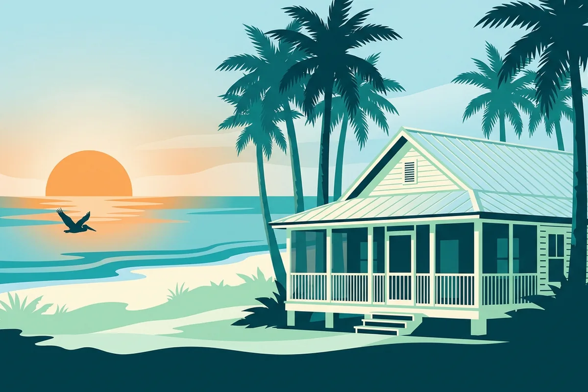 Illustration of a pastel Florida beach house beneath royal palms, a pelican gliding over the Gulf at sunset