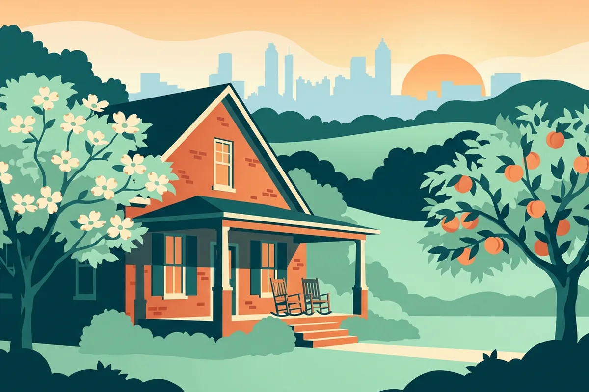 Illustration of a red-brick Georgia home with a rocking-chair porch, framed by dogwood blossom and a peach tree, the Atlanta skyline on the horizon
