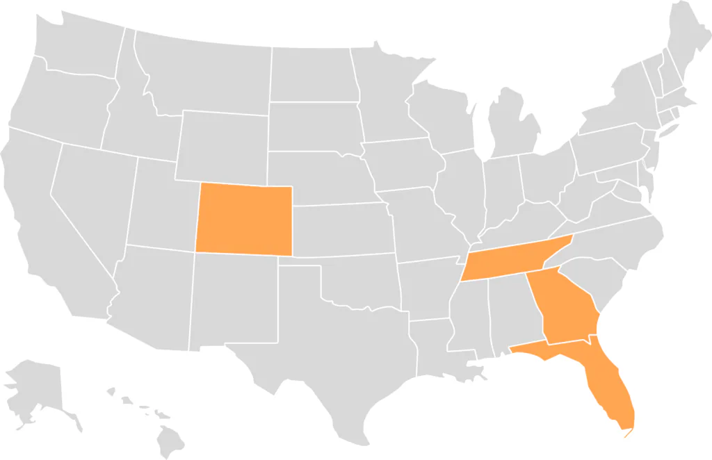 Map of the United States with Florida, Colorado, Georgia and Tennessee highlighted